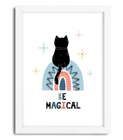 4094g2 quadro decorativo gato e estrelas be magical moldura branca