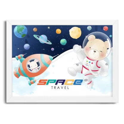 4125g quadro decorativo infantil ursinho astronauta space travel moldura branca