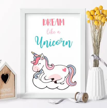 4354g1 Quadro Decorativo Infantil Unicórnio Frase Dream Like a Unicorn realista