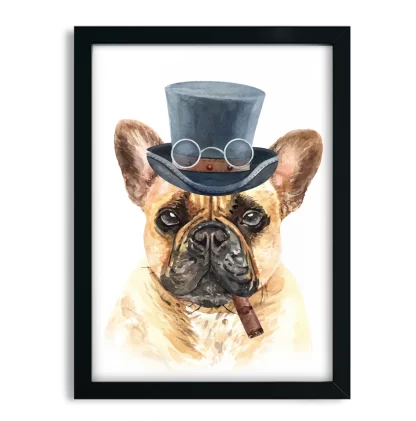 1048 Quadro Decorativo Divertido Cachorro Bulldog Francês de Cartola moldura preta