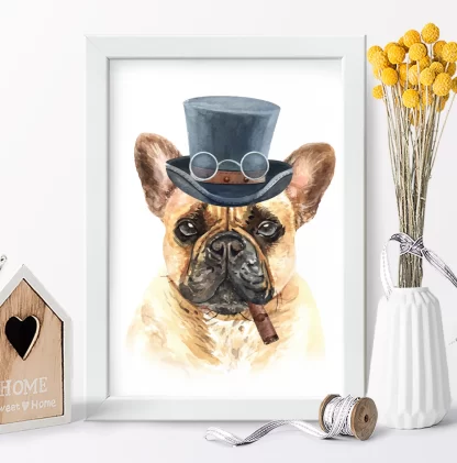 1048 Quadro Decorativo Divertido Cachorro Bulldog Francês de Cartola realista