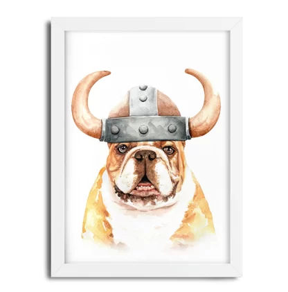 1050 Quadro Decorativo Divertido Cachorro Bulldog Viking moldura branca