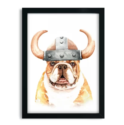 1050 Quadro Decorativo Divertido Cachorro Bulldog Viking moldura preta