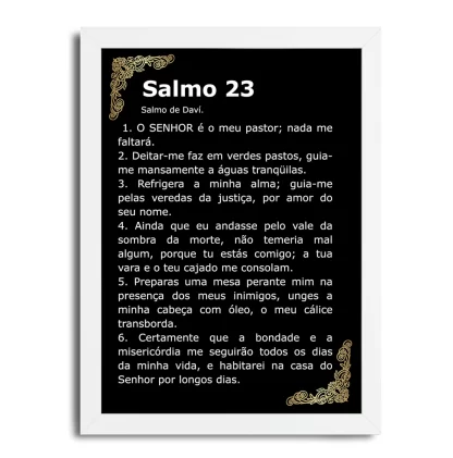 Quadro Decorativo Evangélico Salmo 23 Preto e Dourado moldura branca