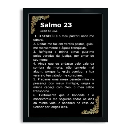 Quadro Decorativo Evangélico Salmo 23 Preto e Dourado moldura preta