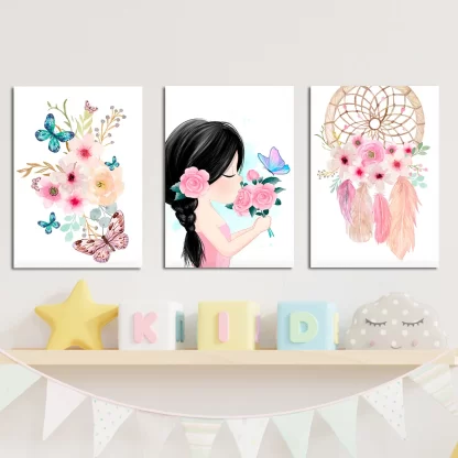 Kit 3 Quadros decorativos Menina Aquarela Flores SKU: Kit41aq