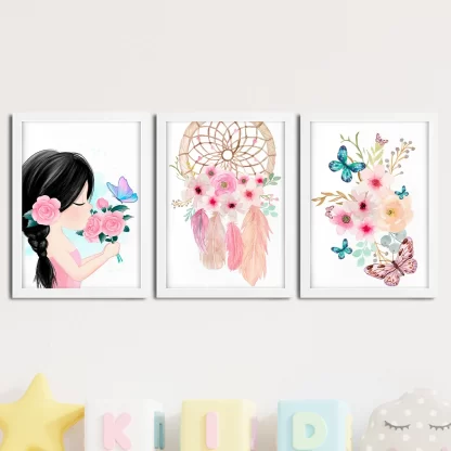 Kit 3 Quadros decorativos Menina Aquarela Flores SKU: Kit41aq