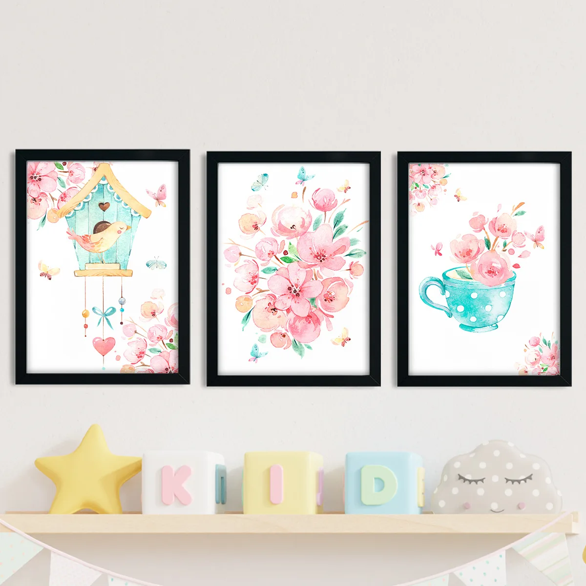 Quadros Decorativos Flor e Passarinho Menina Kit 5 Peças 20x30cm Decoração  Quarto CriançaQuarto Meninas