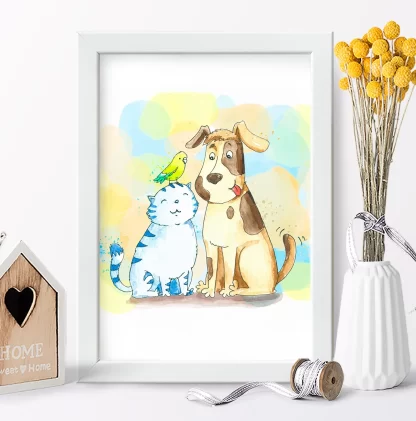 Quadro Decorativo Cachorrinho Gatinho e Passarinho SKU: 1074g