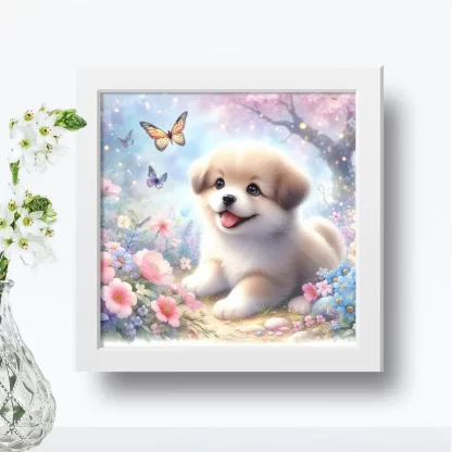 Quadro Infantil Cachorro com Flores e Borboletas