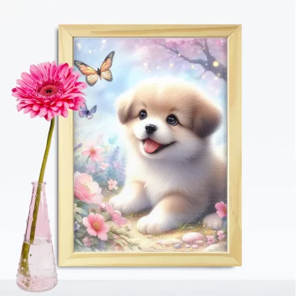 Quadro Infantil Cachorro com Flores e Borboletas