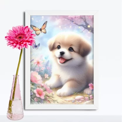 Quadro Infantil Cachorro com Flores e Borboletas