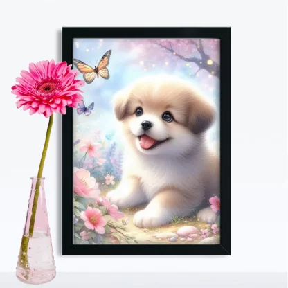 Quadro Infantil Cachorro com Flores e Borboletas