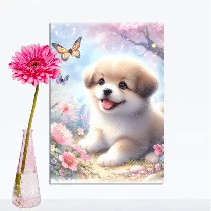 Quadro Infantil Cachorro com Flores e Borboletas