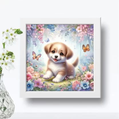 Quadro Infantil Cachorro e Borboletas com Flores