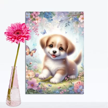 Quadro Infantil Cachorro e Borboletas com Flores