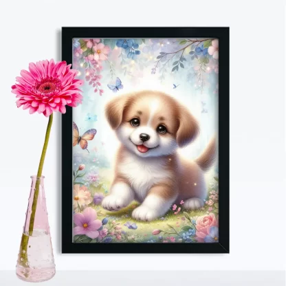 Quadro Infantil Cachorro e Borboletas com Flores