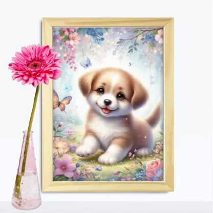 Quadro Infantil Cachorro e Borboletas com Flores