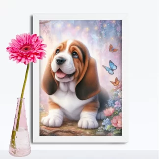 Quadro infantil cachorro basset com borboletas