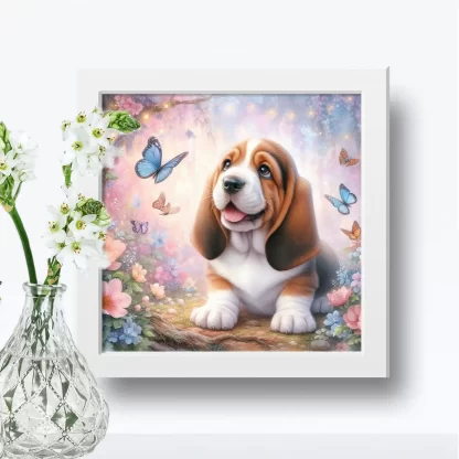 Quadro infantil cachorro basset com borboletas