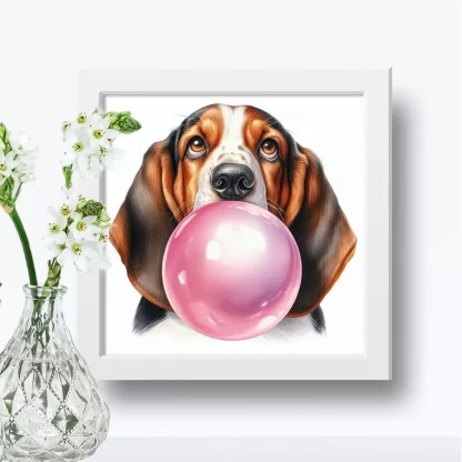 Quadro Cachorro Basset Fofo com Bola de Chiclete