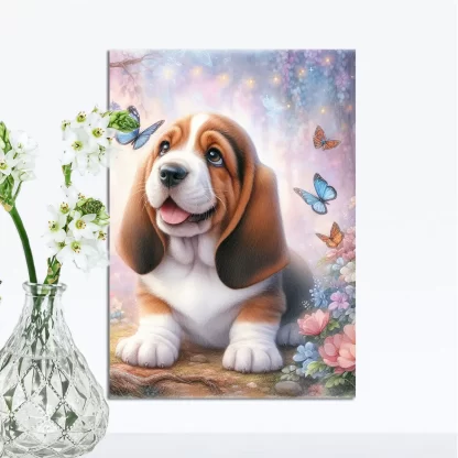 Quadro infantil cachorro basset com borboletas