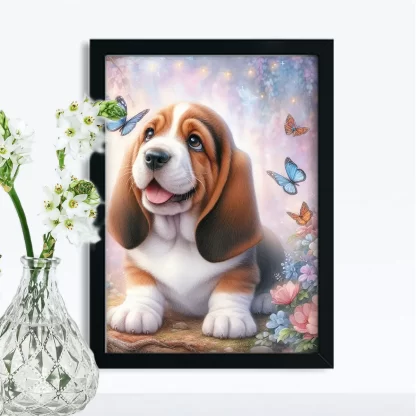 Quadro infantil cachorro basset com borboletas