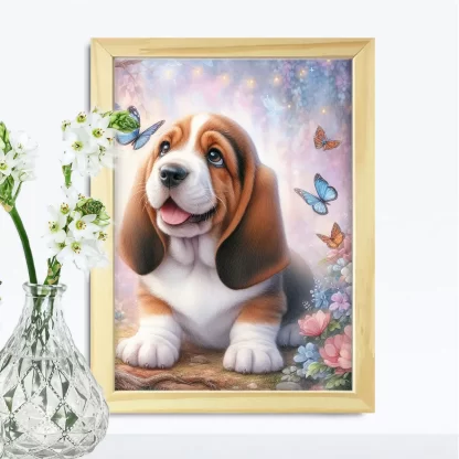 Quadro infantil cachorro basset com borboletas