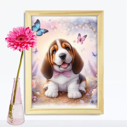 Quadro infantil cachorro com borboletas e flores