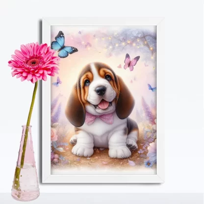 Quadro infantil cachorro com borboletas e flores