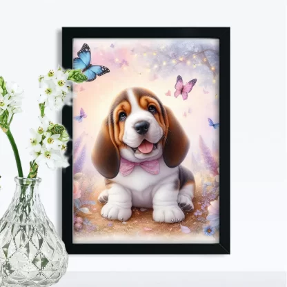 Quadro infantil cachorro com borboletas e flores