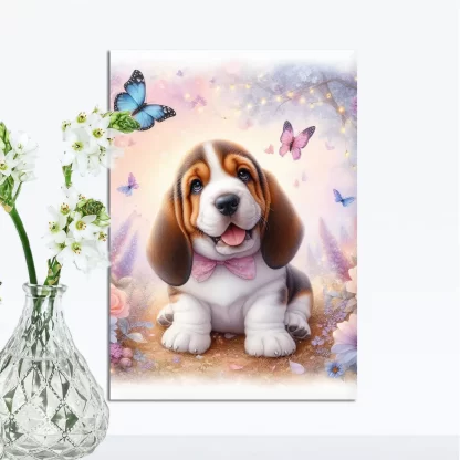 Quadro infantil cachorro com borboletas e flores