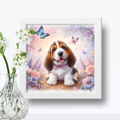 Quadro infantil cachorro com borboletas e flores