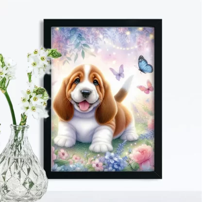 Quadro decorativo cachorro basset e flores