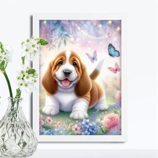 Quadro decorativo cachorro basset e flores