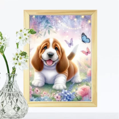 Quadro decorativo cachorro basset e flores