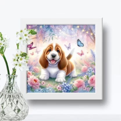 Quadro decorativo cachorro basset e flores