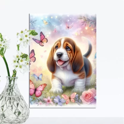 Quadro decorativo cachorro basset e Borboletas