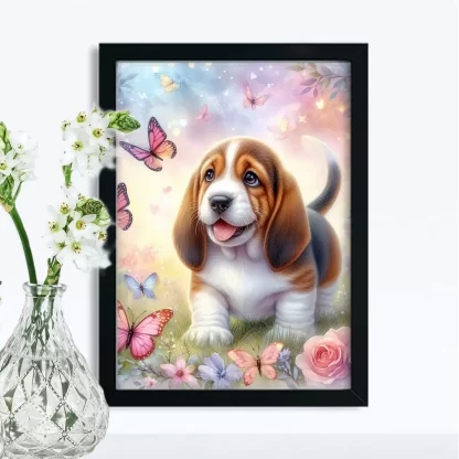 Quadro decorativo cachorro basset e Borboletas