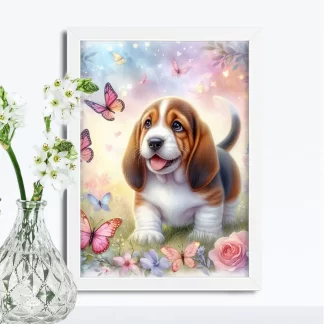 Quadro decorativo cachorro basset e Borboletas