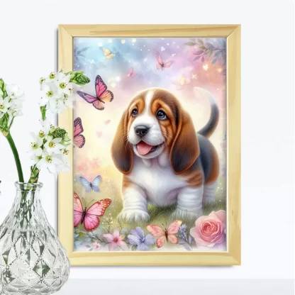 Quadro decorativo cachorro basset e Borboletas