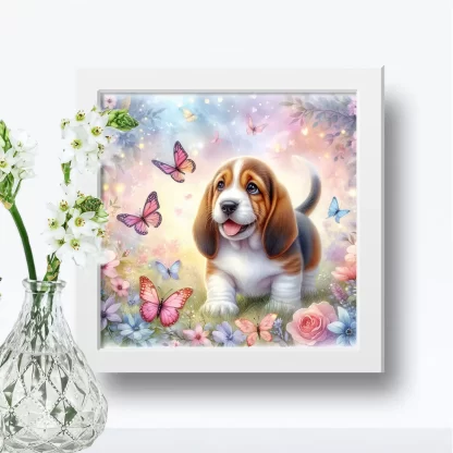 Quadro decorativo cachorro basset e Borboletas