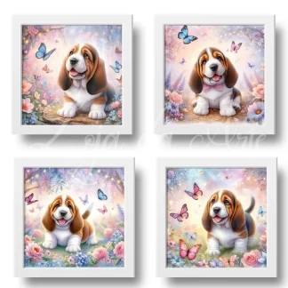 Conjunto de 4 quadros cachorro Basset Jardim Encantado SKU: 117g300k1