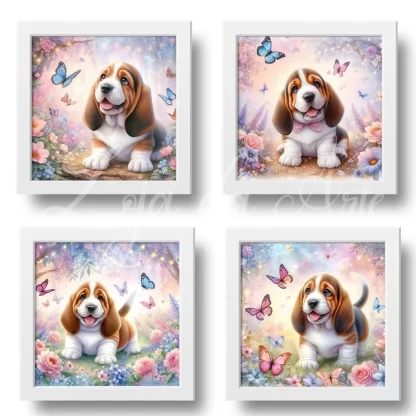 Conjunto de 4 quadros cachorro Basset Jardim Encantado SKU: 117g300k1