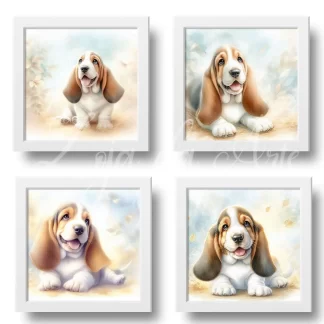 Conjunto decorativo 4 quadros Cachorro Basset