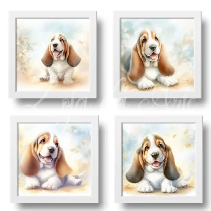 Conjunto decorativo 4 quadros Cachorro Basset