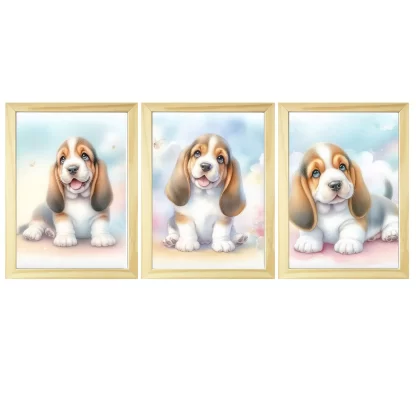 Kit infantil 3 quadros de cachorro Basset fofo