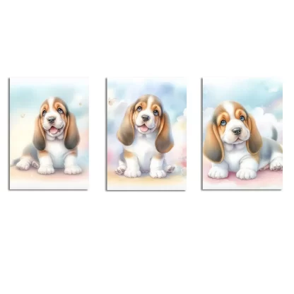 Kit infantil 3 quadros de cachorro Basset fofo