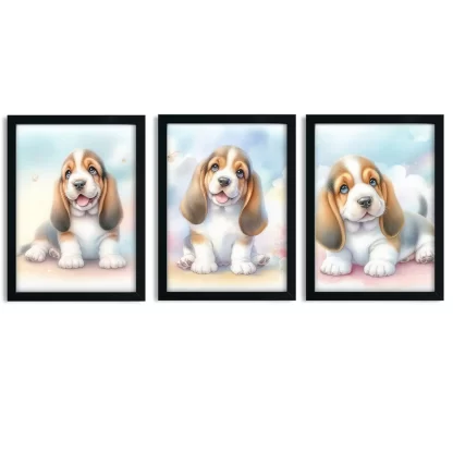 Kit infantil 3 quadros de cachorro Basset fofo