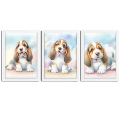 Kit infantil 3 quadros de cachorro Basset fofo